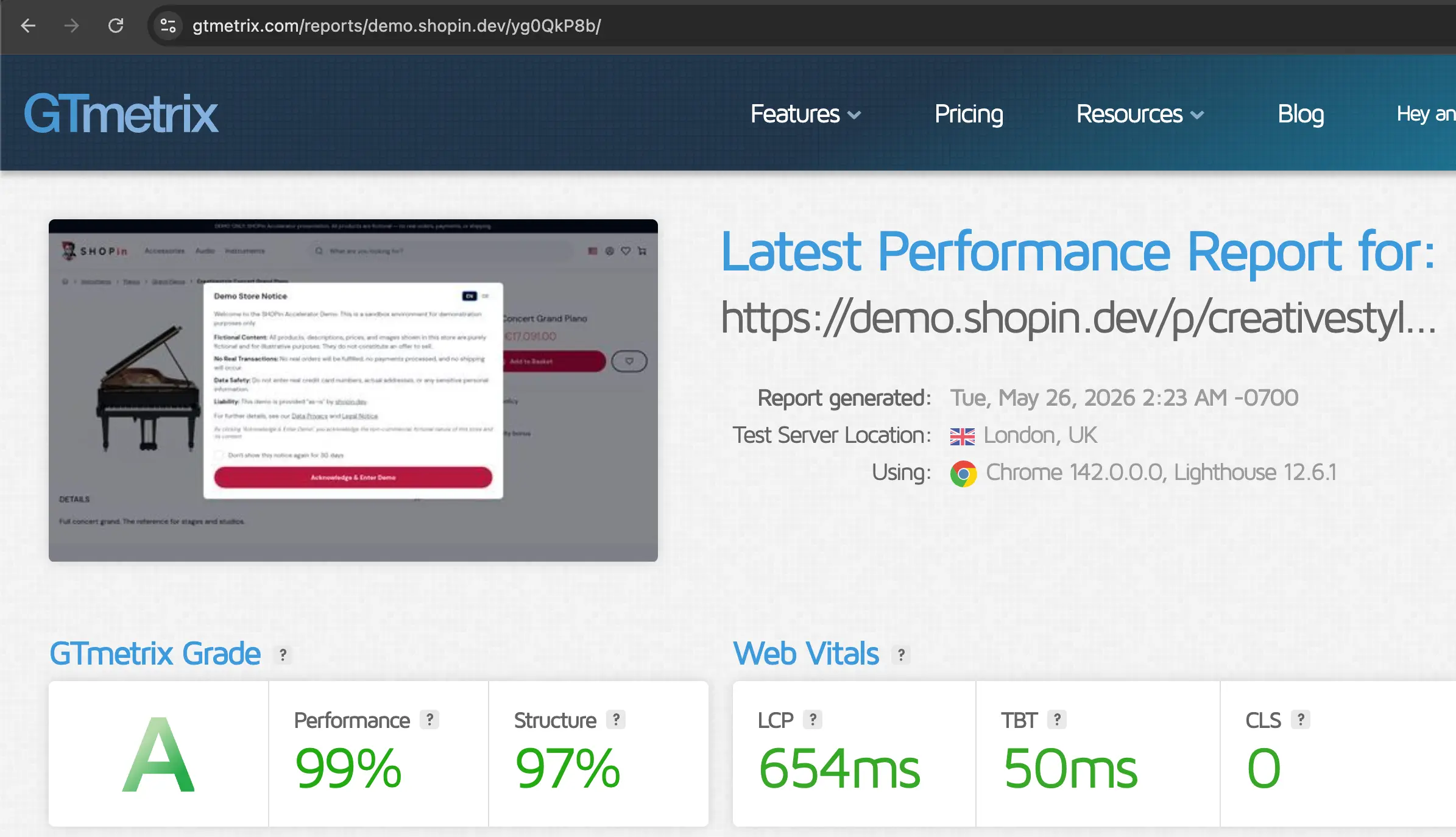 GTmetrix performance report for a SHOPin product page: Grade A, 99% performance, 97% structure, 654ms LCP, 50ms TBT, 0 CLS.