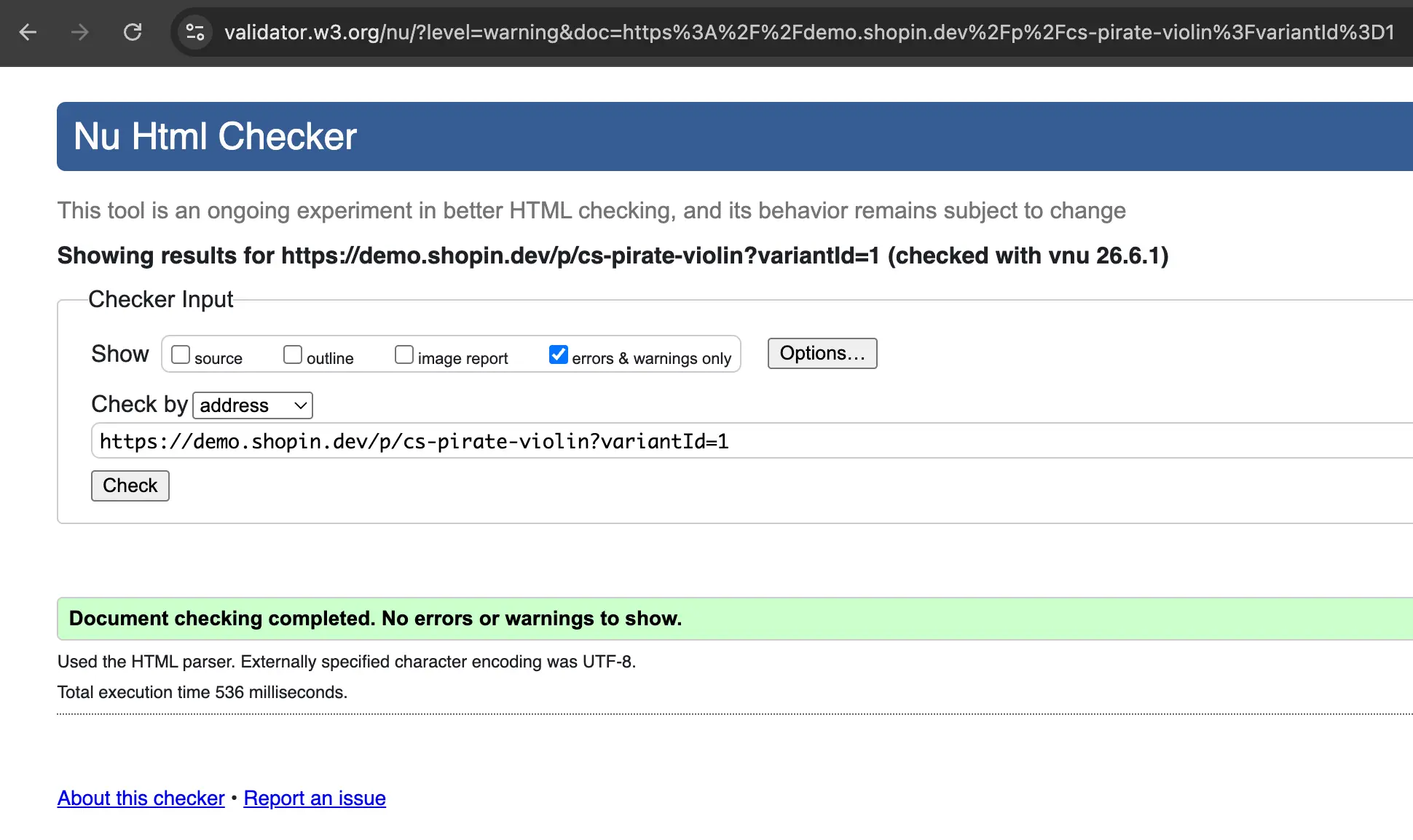 W3C Nu Html Checker result for a SHOPin product page: document checking completed, no errors or warnings to show, UTF-8 encoding.