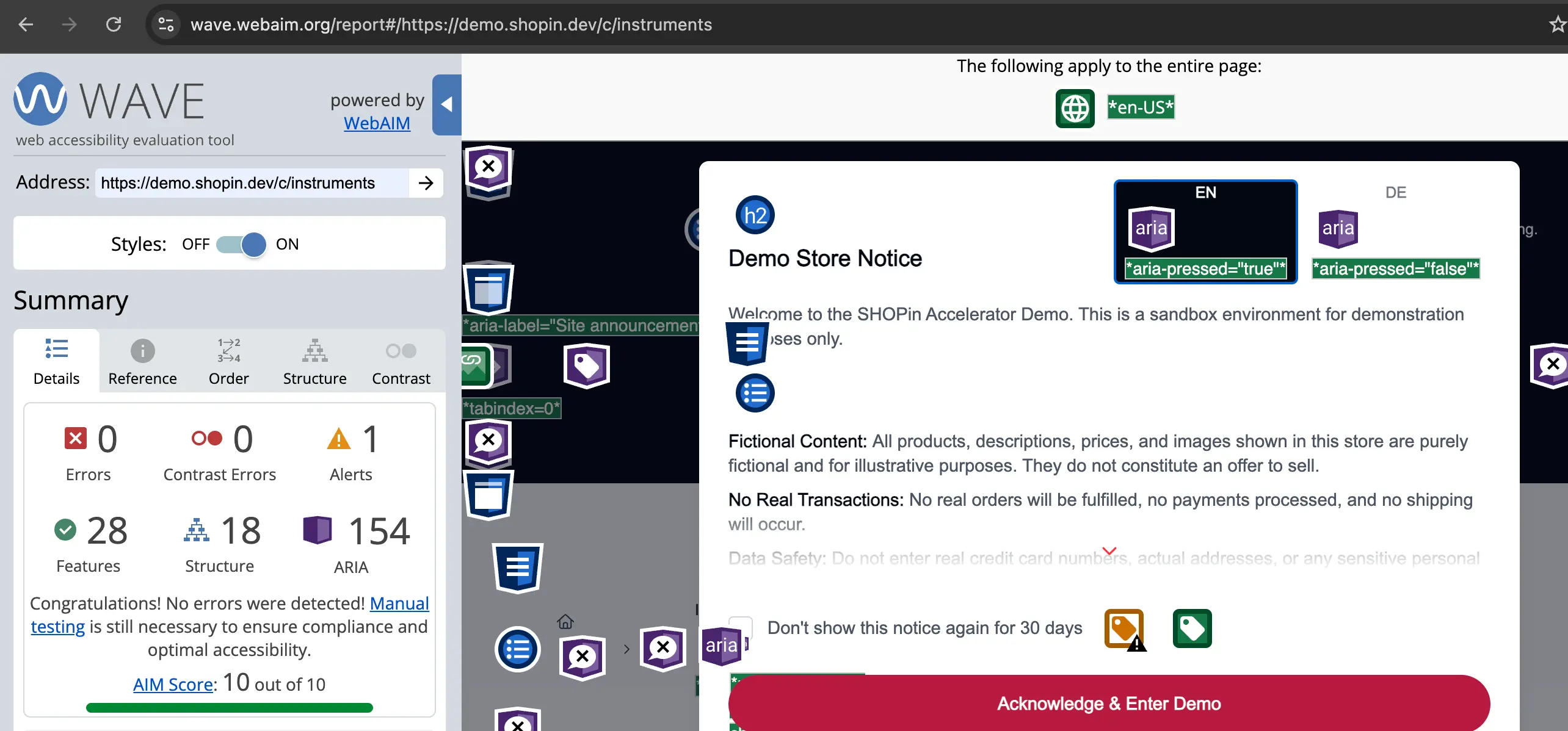 WAVE accessibility report for the SHOPin demo: 0 errors, 0 contrast errors, AIM score 10 out of 10.
